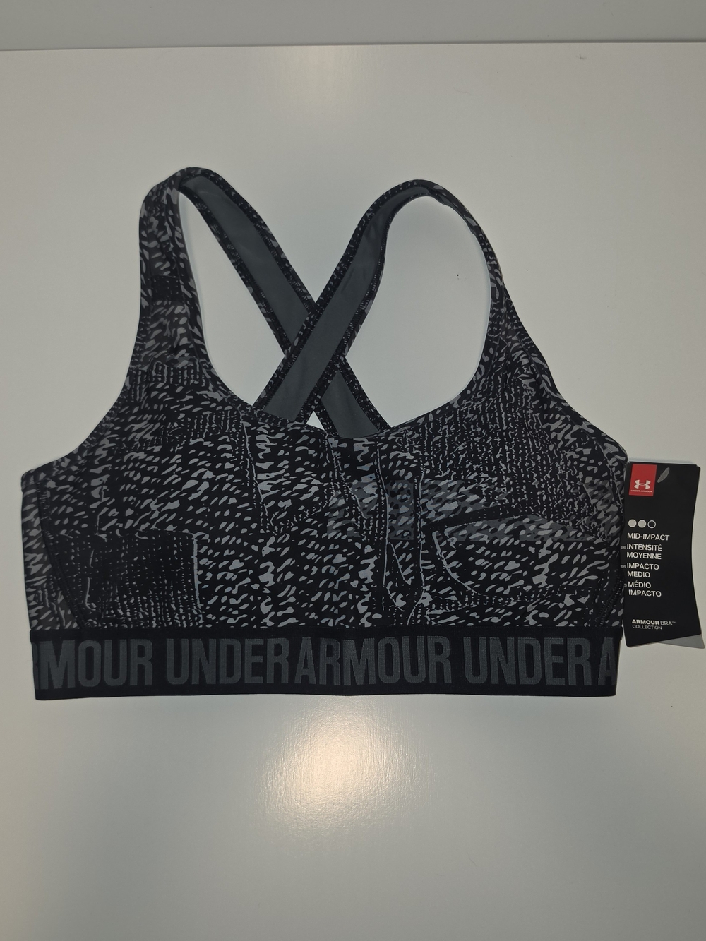 NWT Under Armour Mid-Impact Sports Bra Black Gray Print Logo Band Size L - Picture 7 of 10
